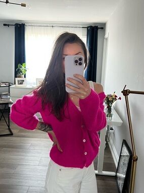 Cozy Women's Hot Pink Button-Front Cardigan Sweater